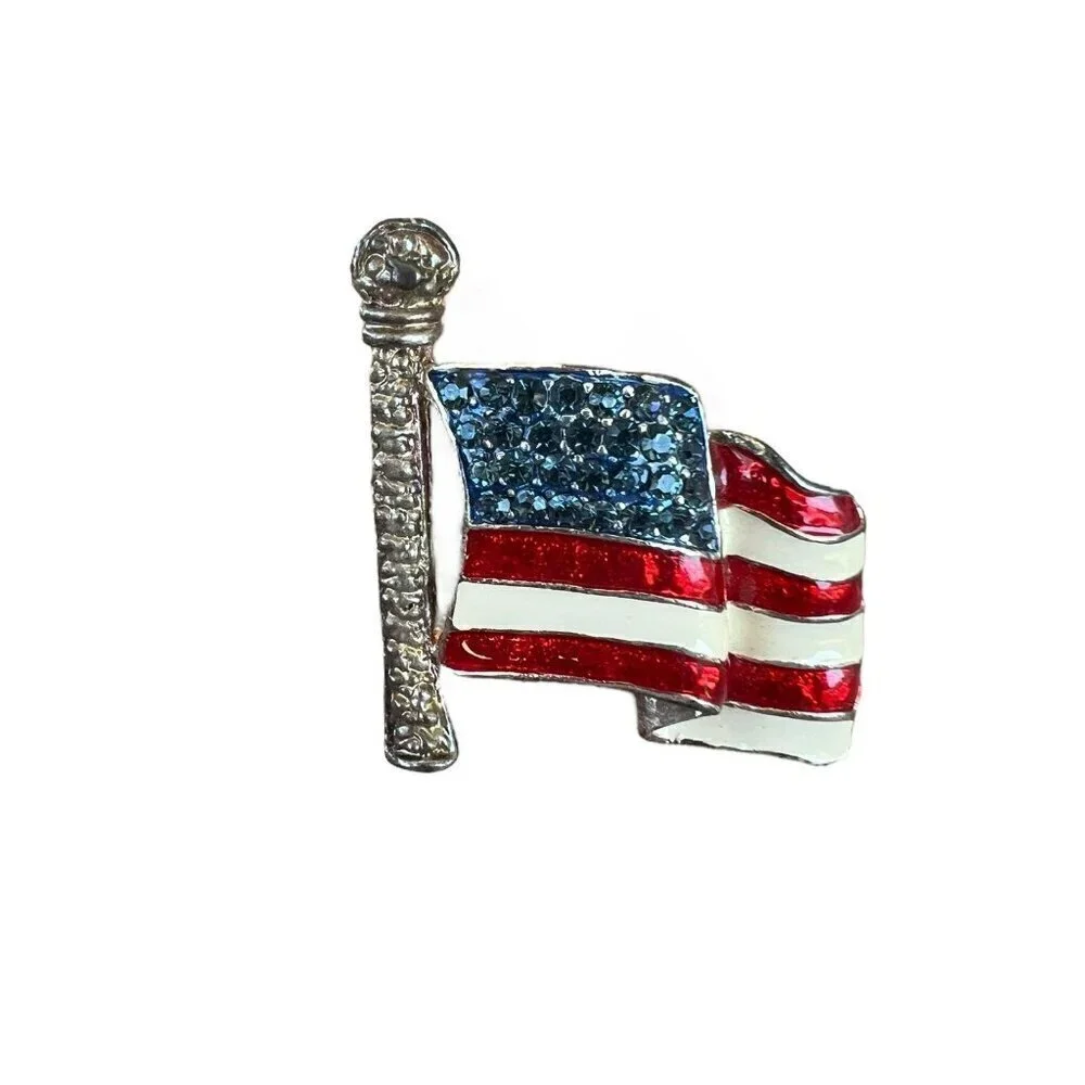 Vintage American Flag Patriotic Brooch Pin Rhinestone Enamel Waving Flag